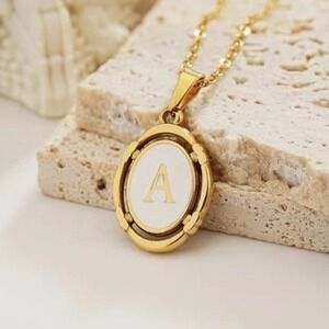 Gold Tone Initial "A" Pendant Necklace Oval Charm with Stainless Chain Gift Box